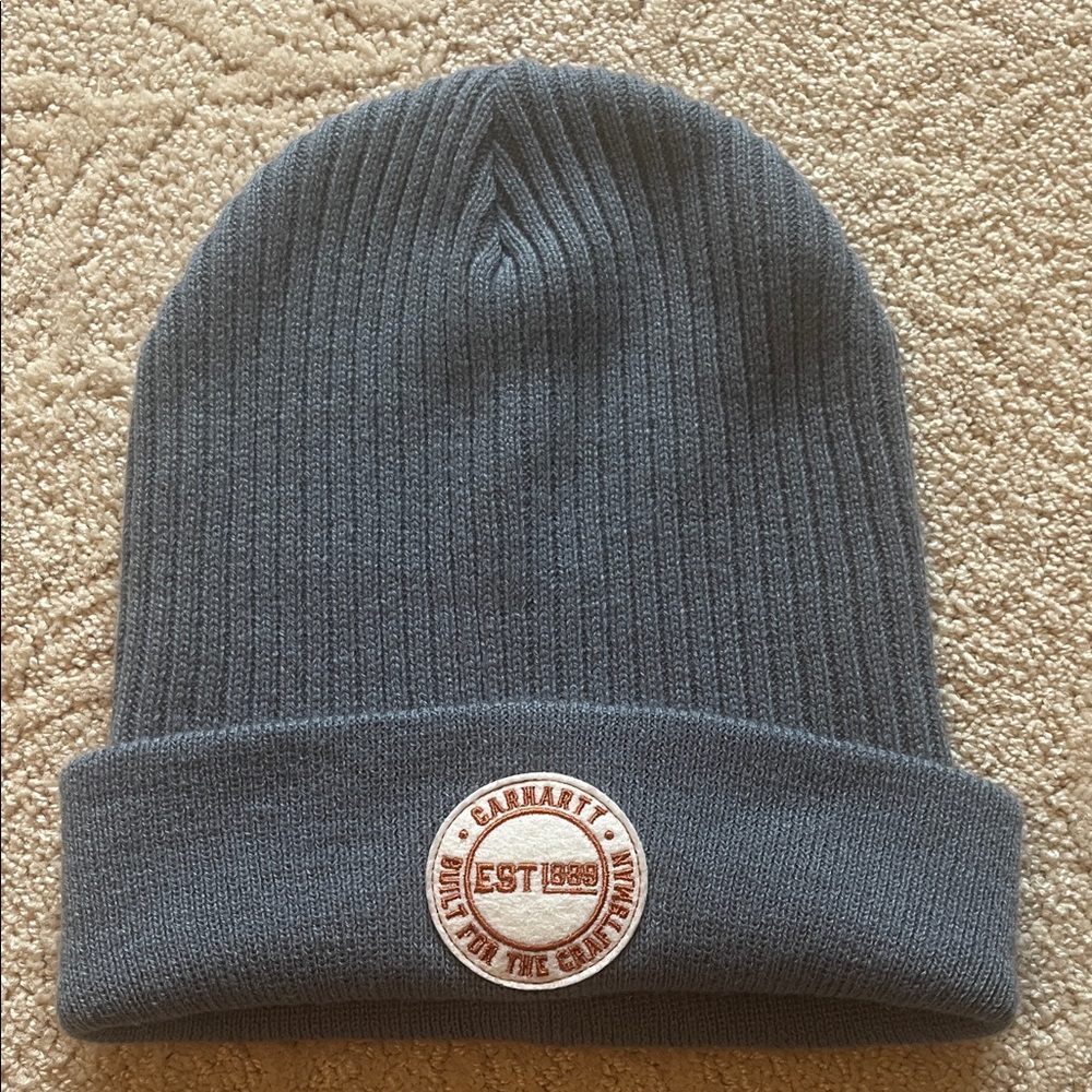 Carhartt Slate Smoky Blue Ribbed Cuffed Beanie with Logo Patch